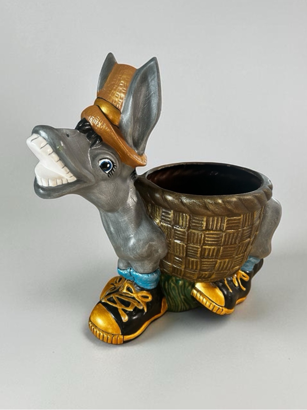 Whimsical Donkey Planter - Gray with Gold Accents
